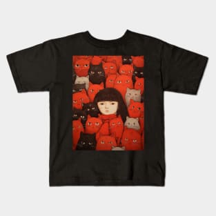 A Girl Surrounded by Playful Cats 2 Kids T-Shirt